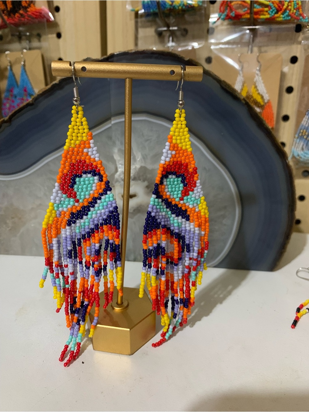Handmade Multicolor Fringe Seed Bead Earrings - Vibrant Orange & Yellow